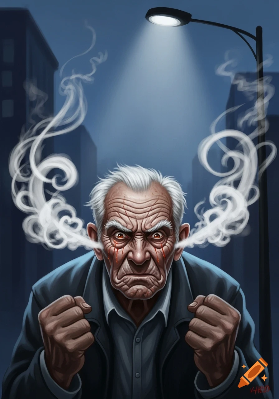 A stylized illustration of an enraged old man with white hair, red eyes ...