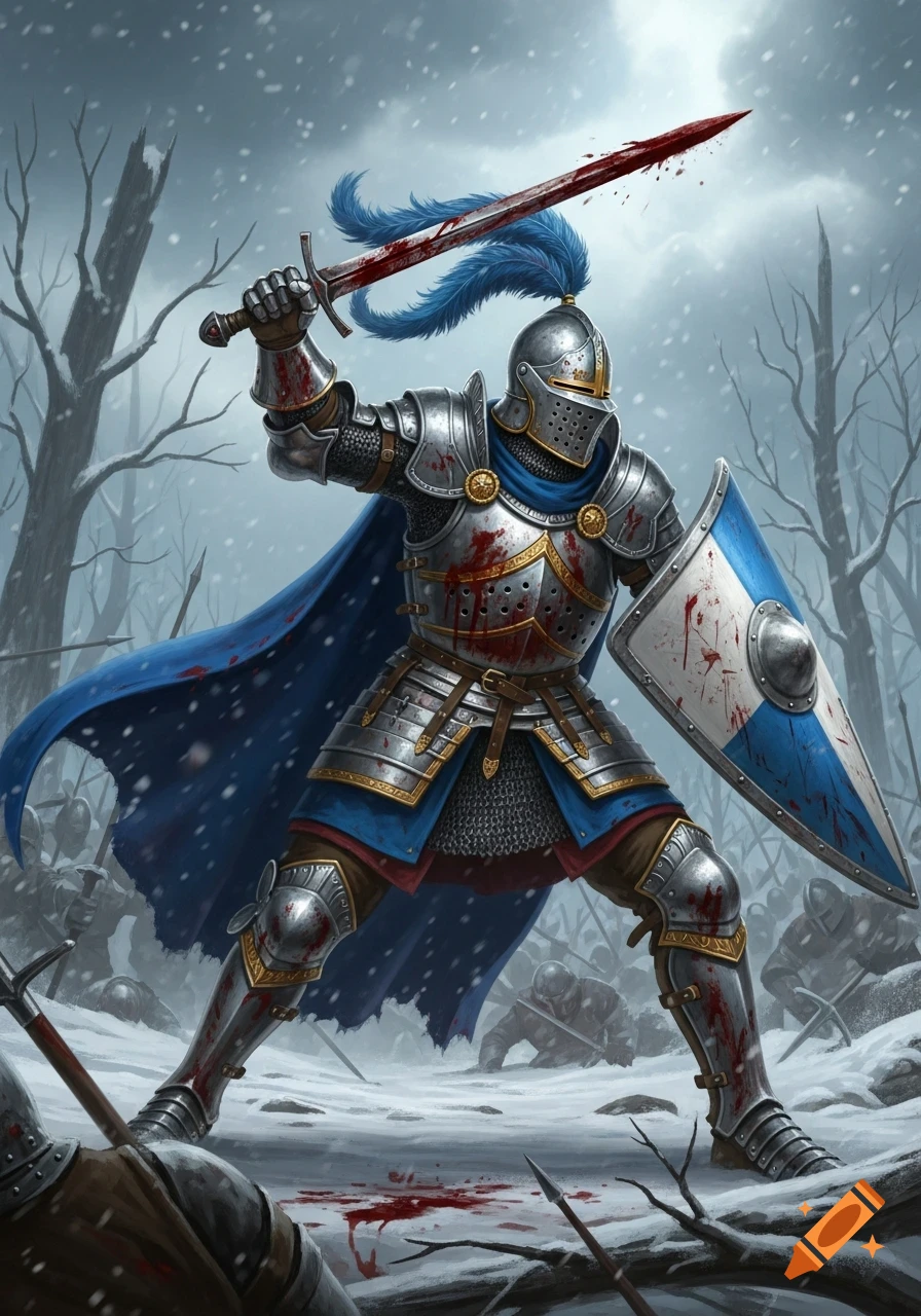 A knight in shining ornate armor with a blue cape and feathered helmet plume lunges in a snow-covered forest battle, holding a blood-stained sword and blue and white shield.