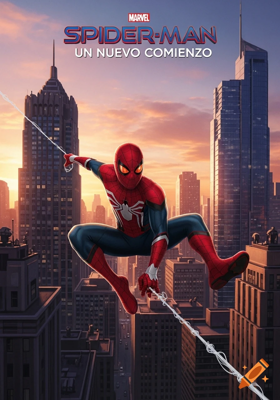 Spider-Man in a red and blue suit swings through a modern city at sunset, with 'SPIDER-MAN UN NUEVO COMIENZO' title.
