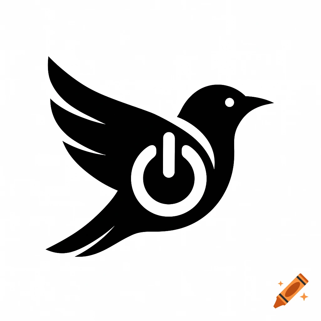 Black and white minimalist logo of a bird with a power symbol integrated into its body.