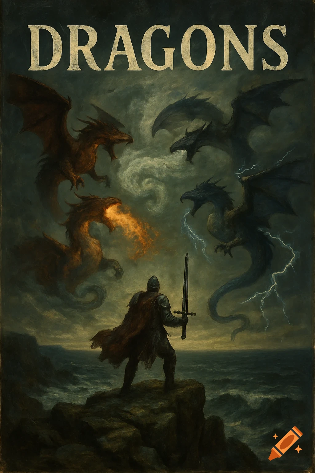 An oil painting of a knight facing several dragons, some breathing fire and lightning, over a dark, stormy sea.