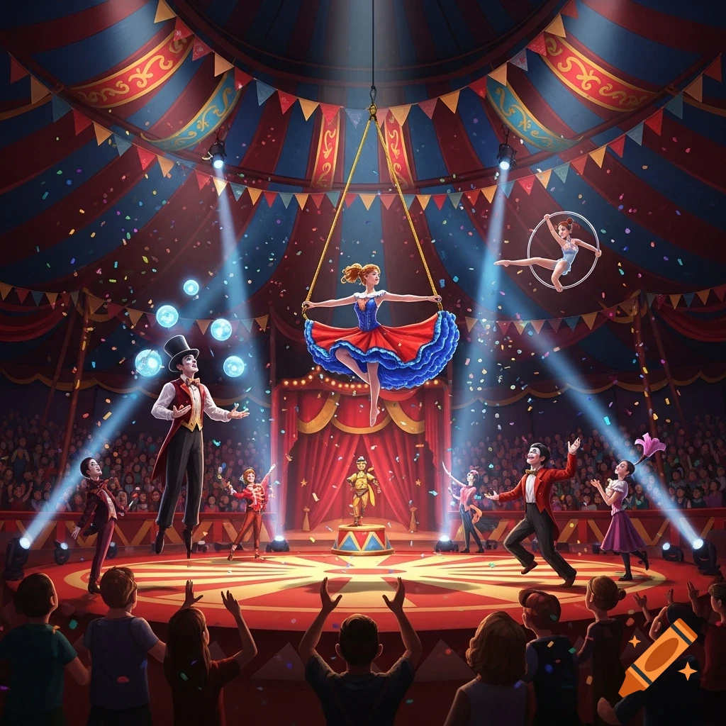 Vibrant illustration of a lively circus performance in a big top tent with aerialists, a ringmaster, and an audience.