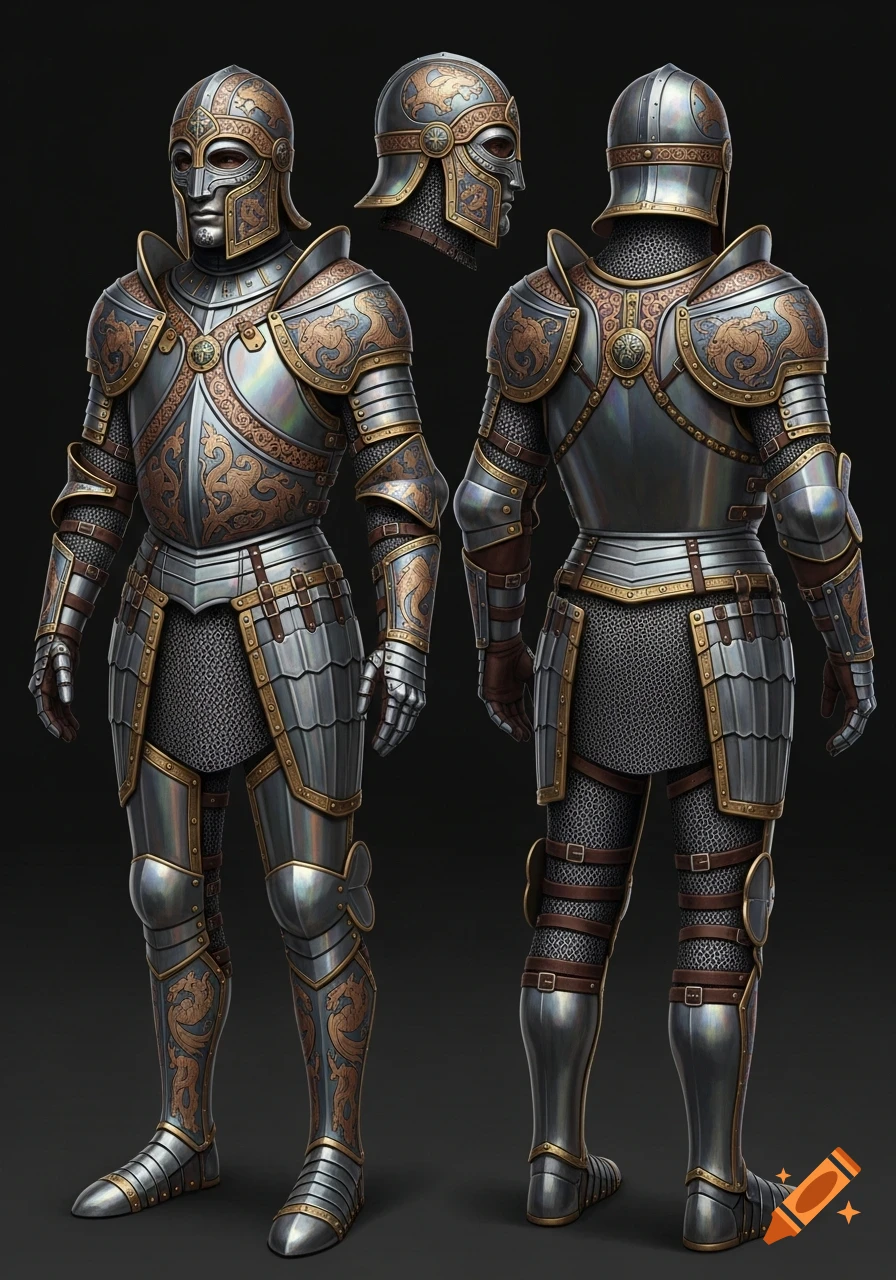 Detailed concept art of ornate knight's armor with Byzantine and Elden Ring influences, featuring front, back, and helmet profile views.