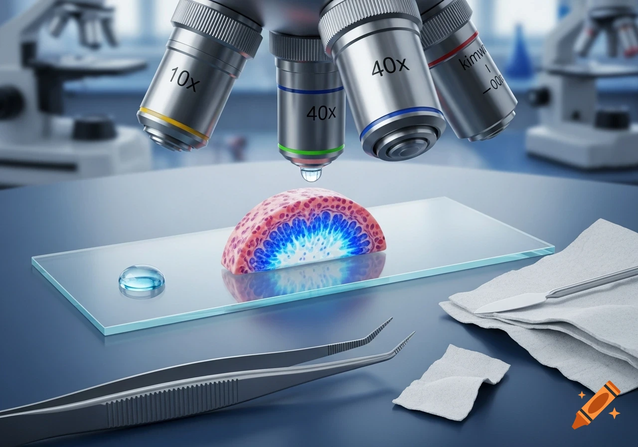 A close-up view of a microscope observing a glowing biological tissue slice on a glass slide. Microscope objectives are visible above.