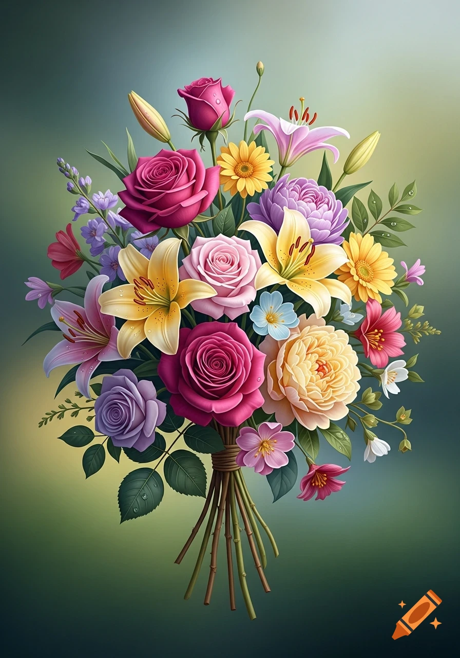 A vibrant, hand-tied bouquet featuring pink roses, yellow lilies, purple peonies, and other colorful flowers against a soft green background.