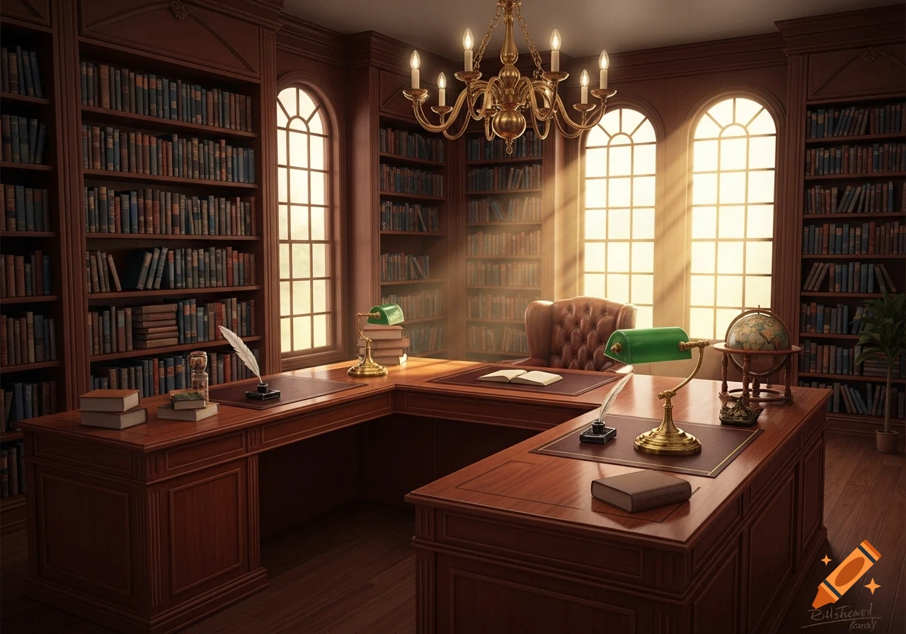 A classic, sunlit library office with a large U-shaped wooden desk, a leather chair, and tall bookshelves lining the walls.