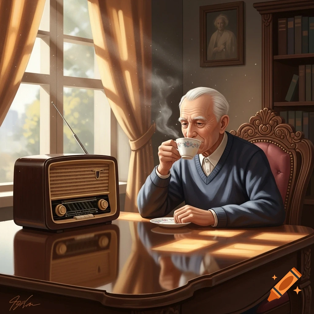 An elderly man sips steaming tea beside a vintage radio on a polished wooden table, bathed in sunlight from a window, in a cozy, detailed interior.