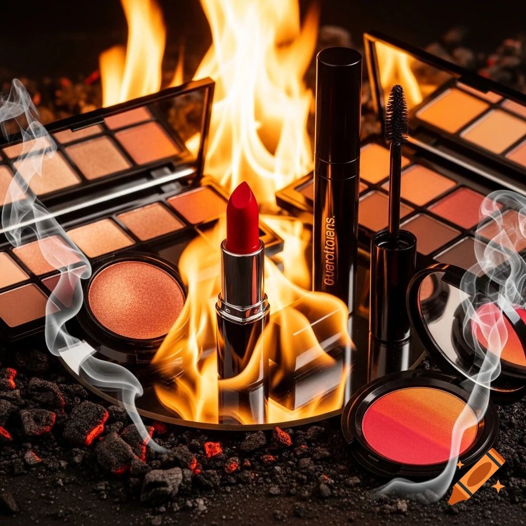 Red lipstick, mascara, and eyeshadow palettes sit on a reflective surface amidst flames, hot coals, and wisps of smoke in a dramatic still life.