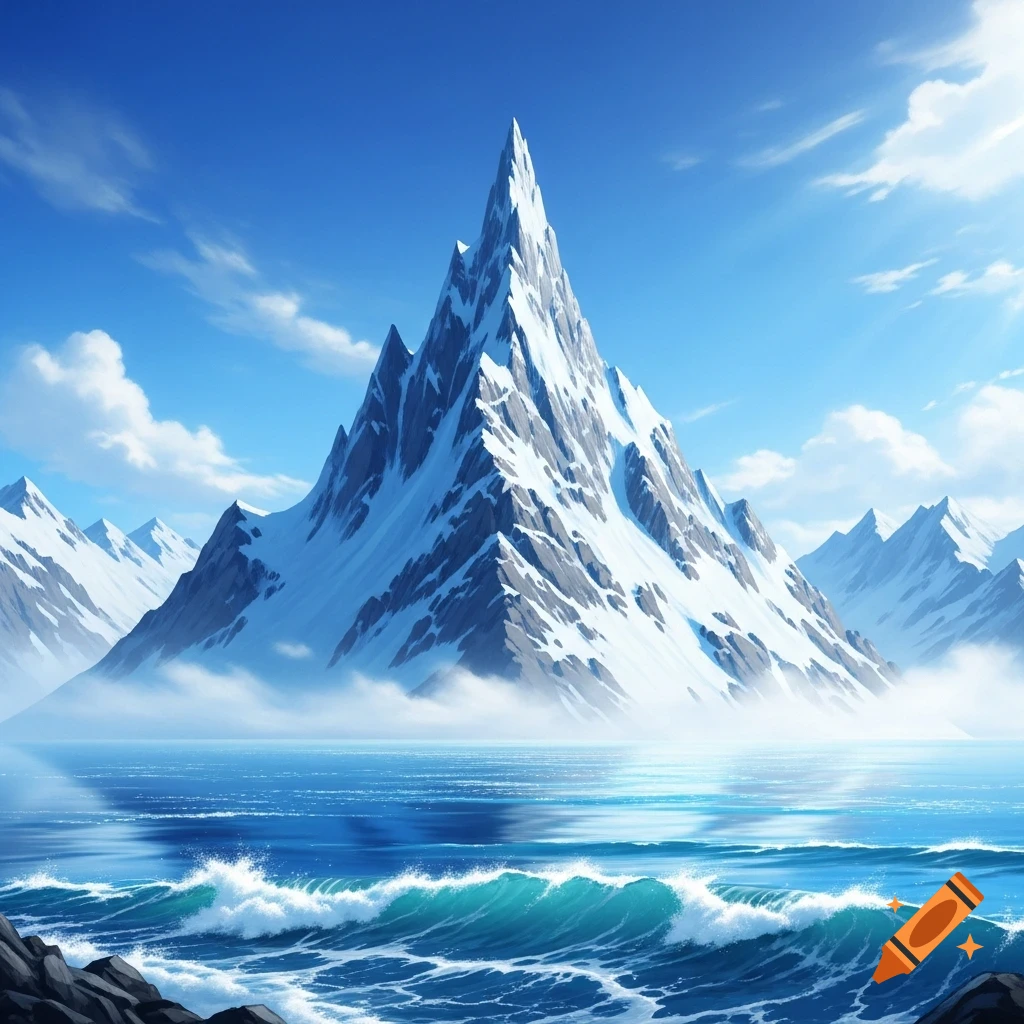 A large, snow-capped mountain dramatically rises from a blue, wavy sea under a clear sky with scattered clouds.