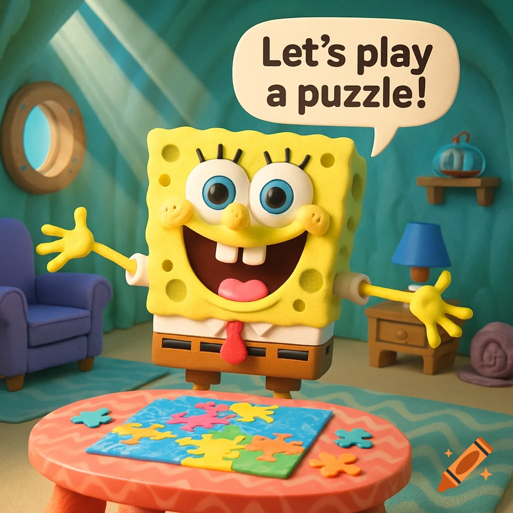 3D animated SpongeBob SquarePants smiling with arms out, saying "Let's play a puzzle!" next to a table with a colorful jigsaw.