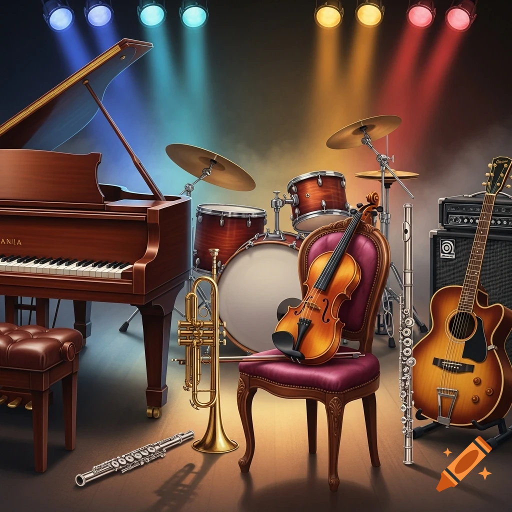 A grand piano, violin, drum set, trumpet, flute, and guitar arranged under colorful stage lights.