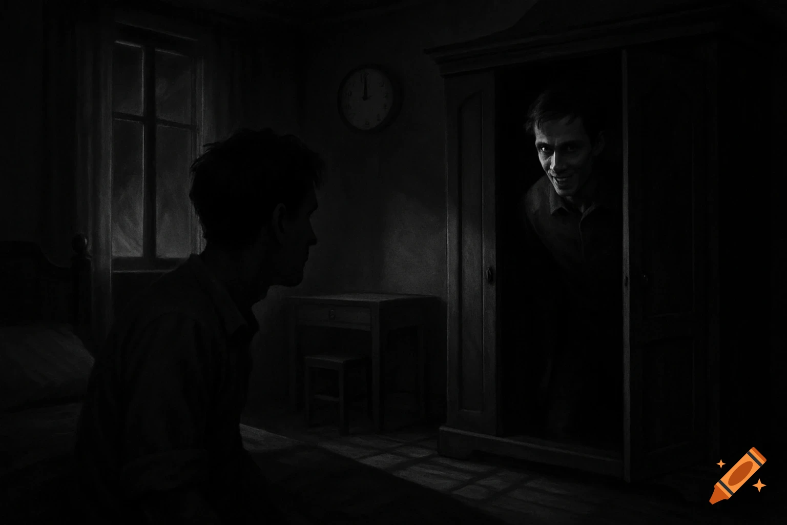 A man in a dark, monochromatic bedroom sits on a bed, looking at a sinister, grinning man emerging from a closet.
