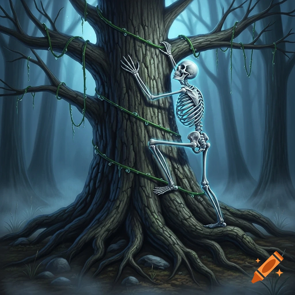 A stylized illustration of a glowing skeleton climbing a large, gnarled tree covered in vines in a dark, misty forest.
