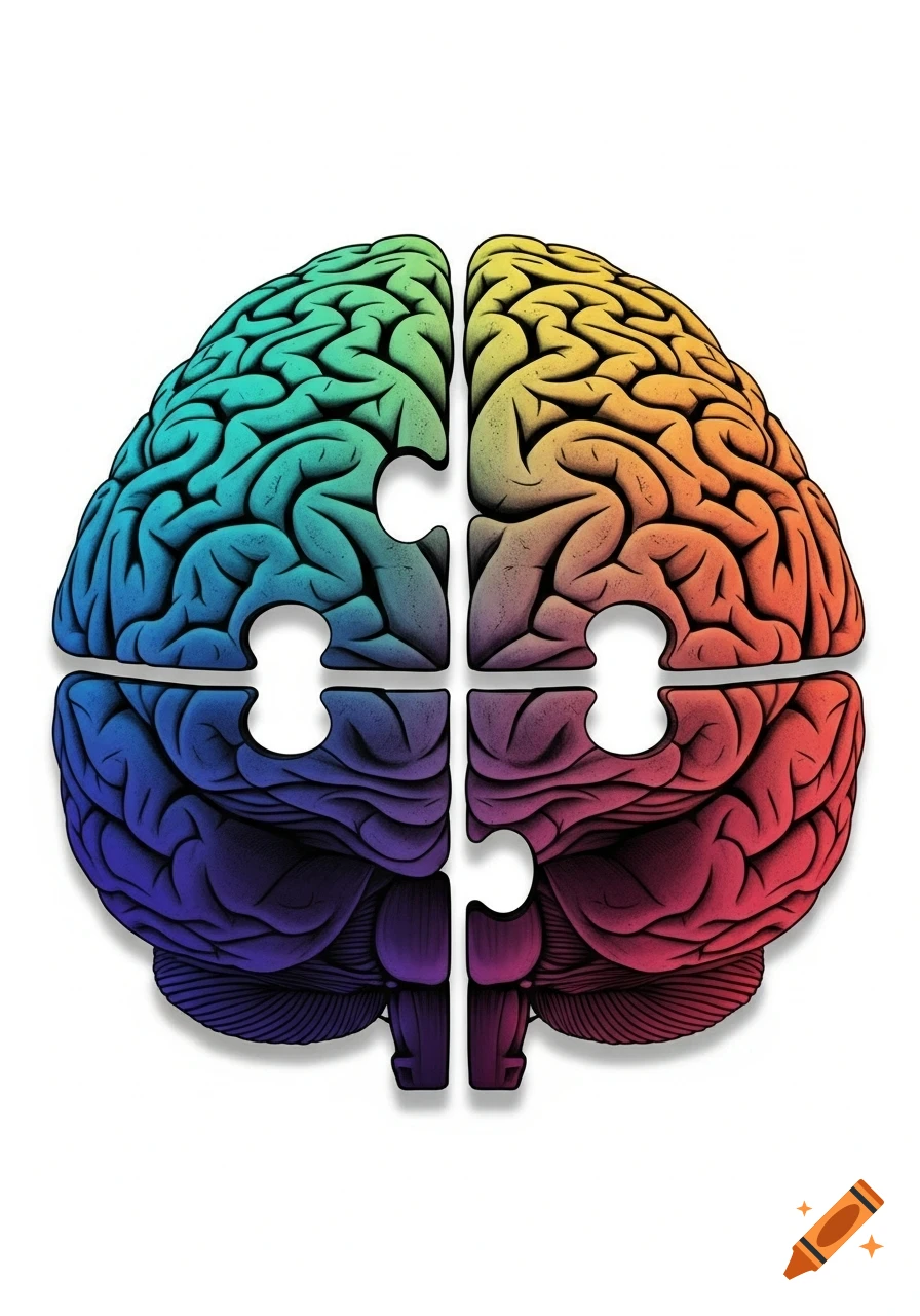 A colorful illustrated brain composed of four puzzle pieces on a white background.