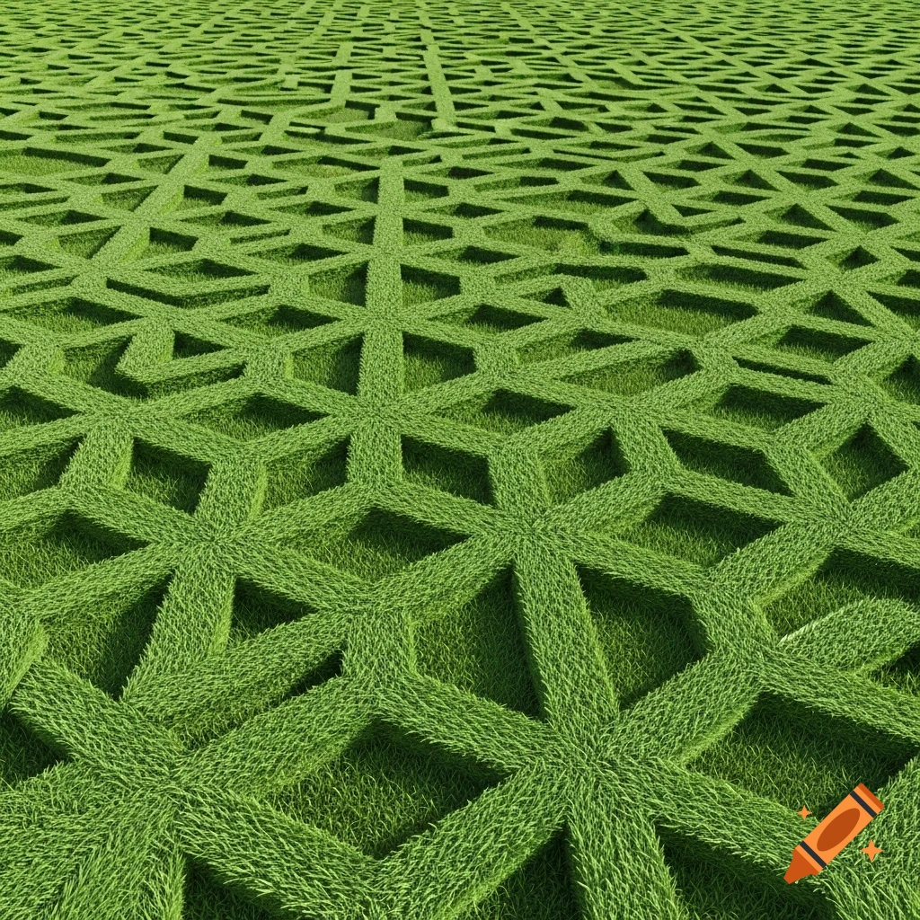 A green turf field featuring an intricate geometric pattern of interconnected compound shapes.