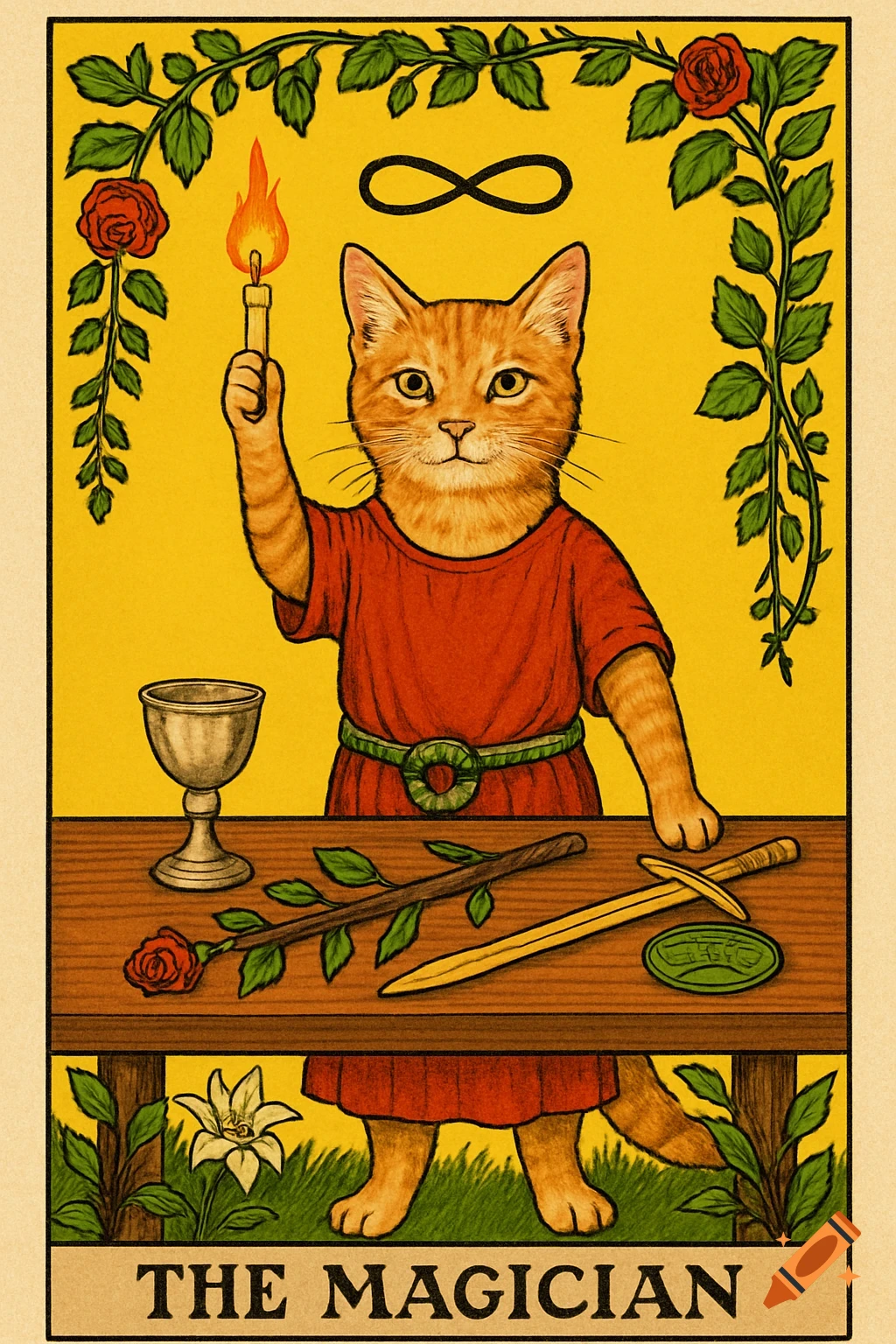 Vintage tarot card illustration of an orange tabby cat magician, holding a lit candle, with mystical items on a table and vines. The card is labeled "THE MAGICIAN".