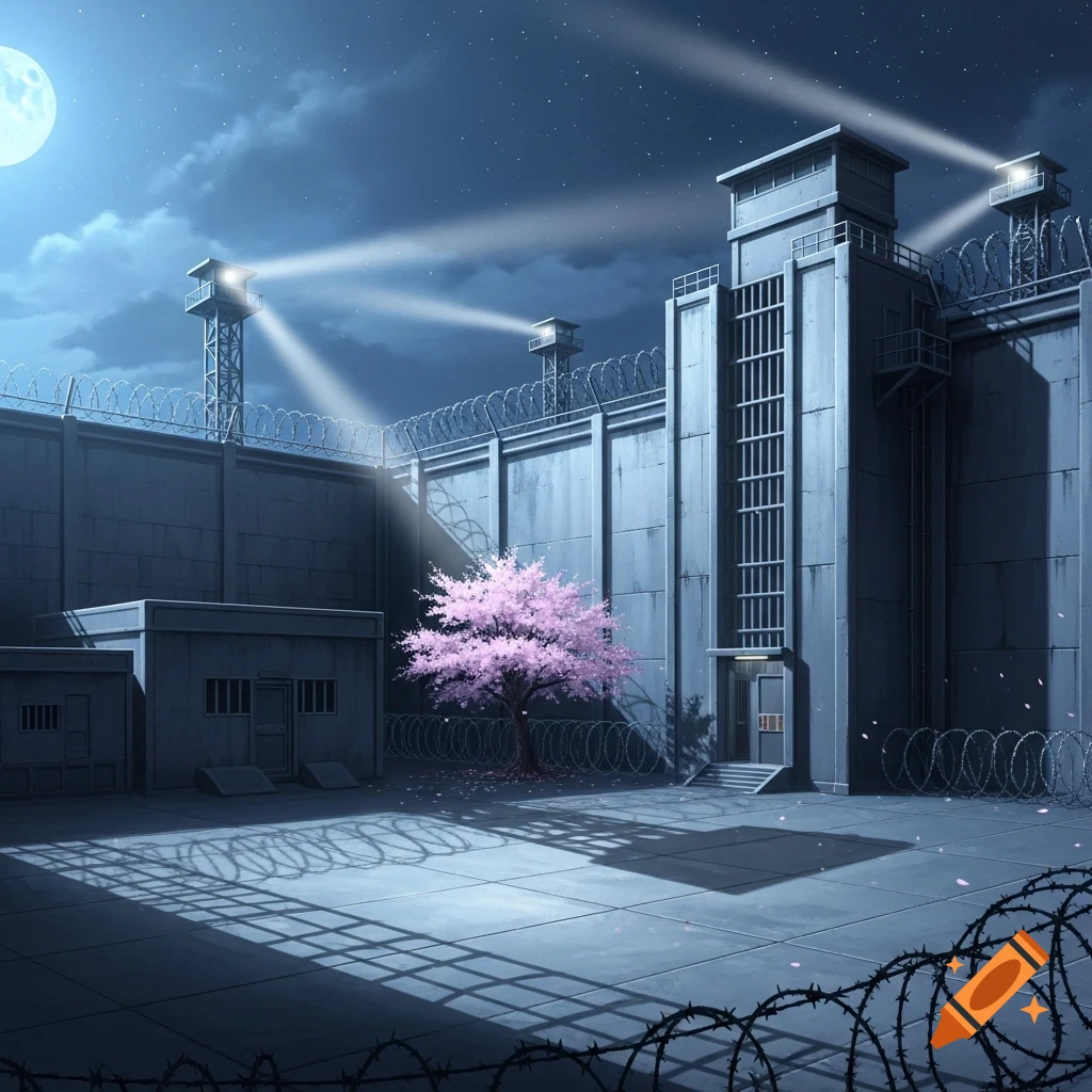 Anime-style prison yard at night with high walls, guard towers, and a blooming pink cherry blossom tree under a full moon.