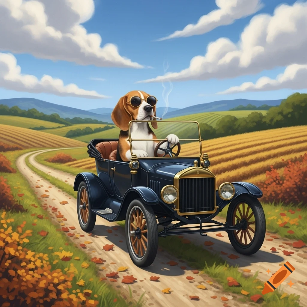 A cartoon beagle wearing sunglasses drives a vintage Model T Ford down a dirt road, smoking a cigarette.