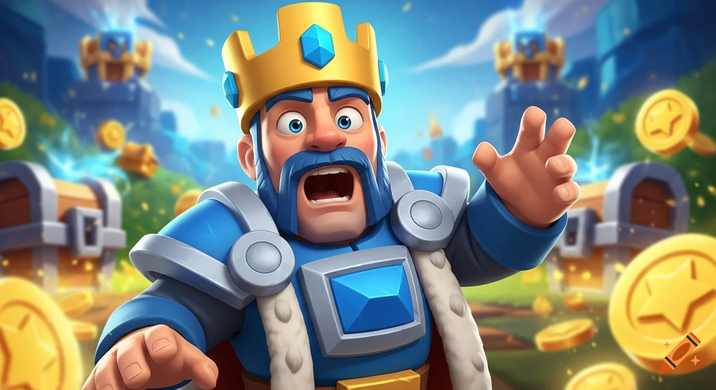 A surprised cartoon king in blue armor and a gold crown reaches out as gold coins and treasure chests float around him in a fantasy castle setting.