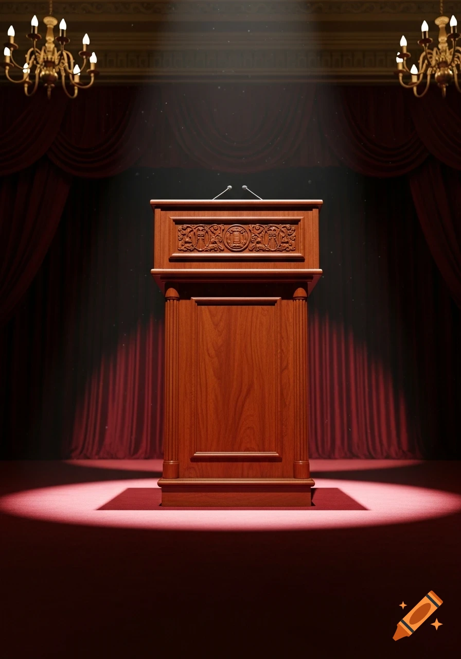 A wooden podium stands on a red carpet stage under a spotlight, flanked by red velvet curtains and golden chandeliers.