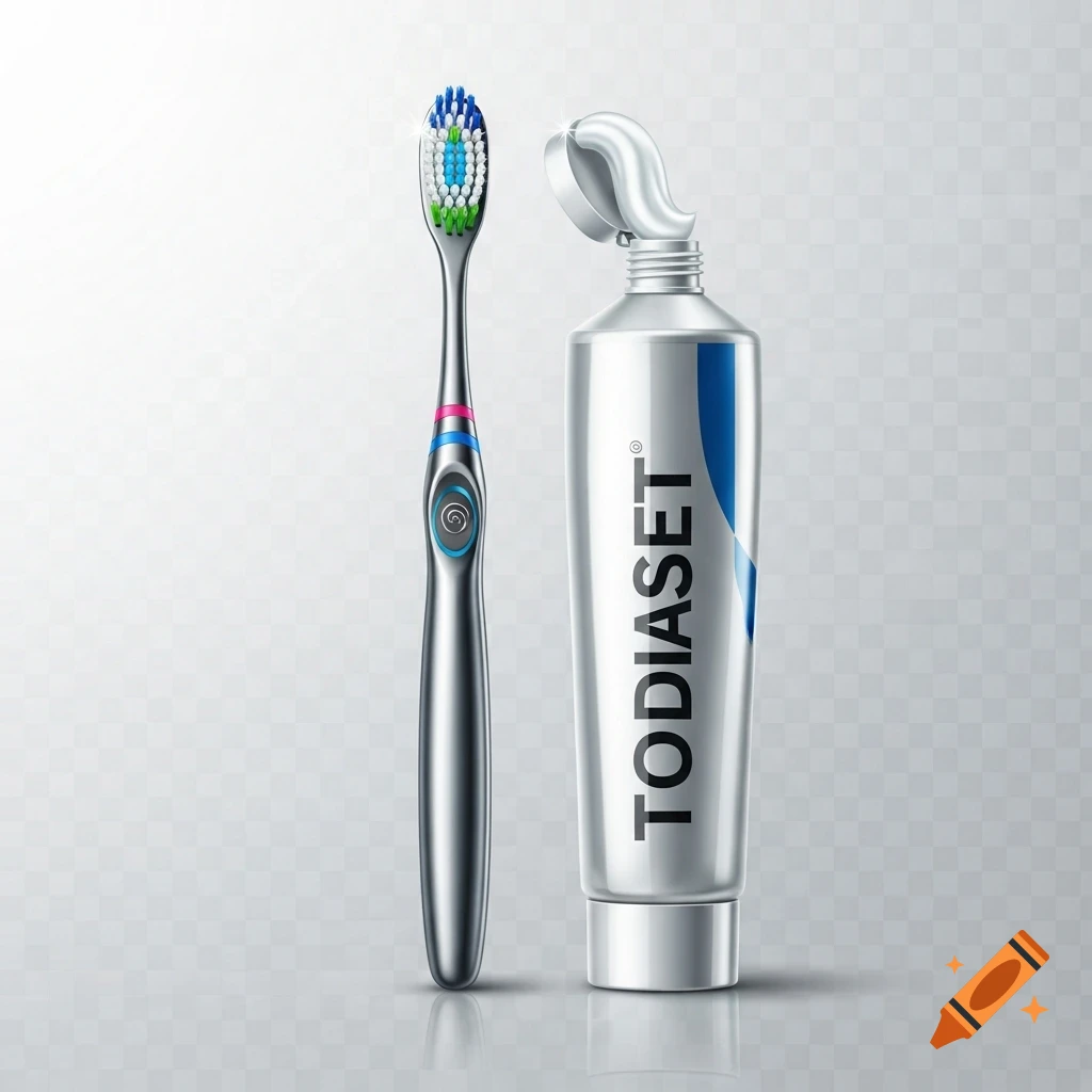 A silver electric toothbrush with blue and green bristles stands next to a silver toothpaste tube labeled TODIASET, both on a transparent background.