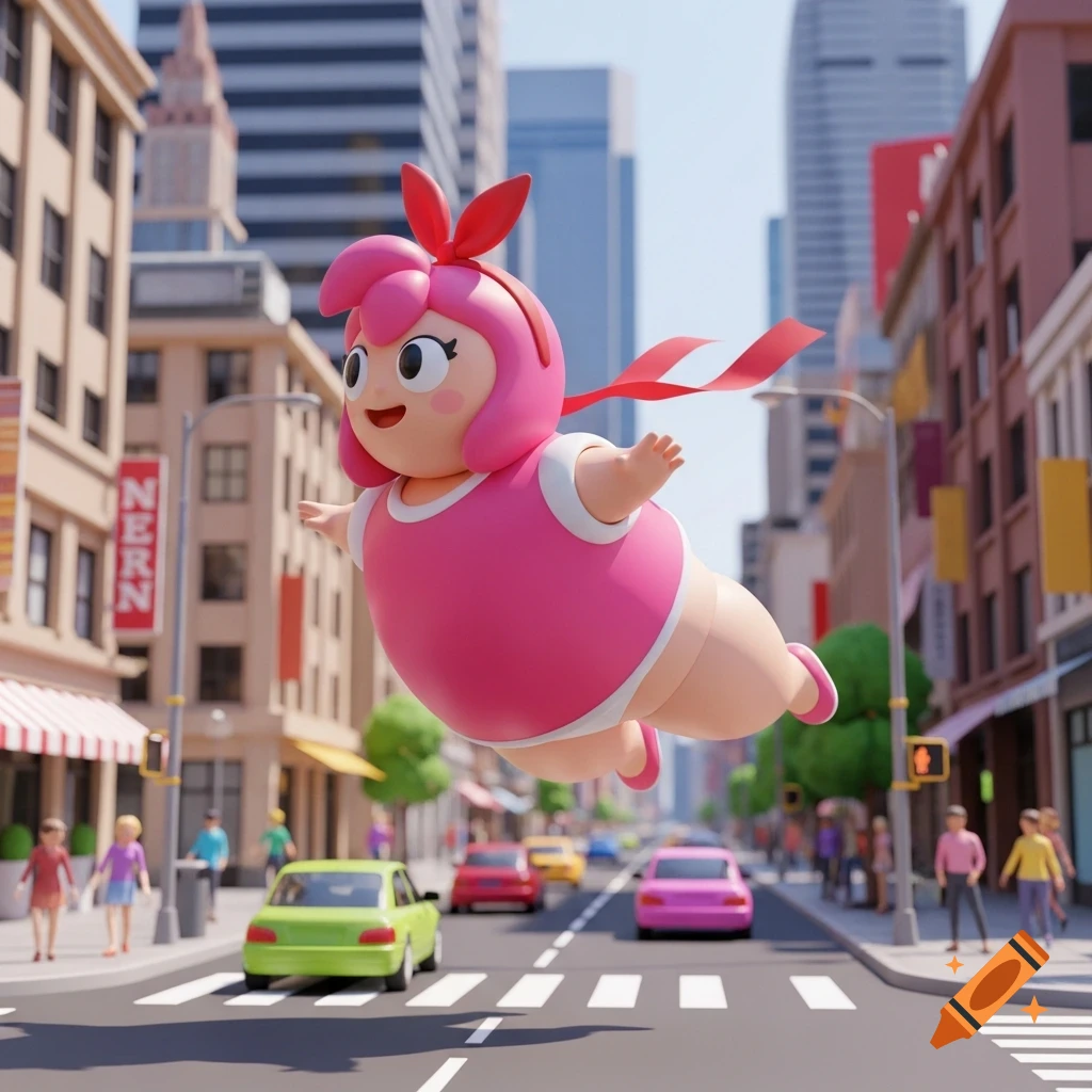 A pink, inflated 3D cartoon character with a red bow flies low over a city street with cars and buildings.