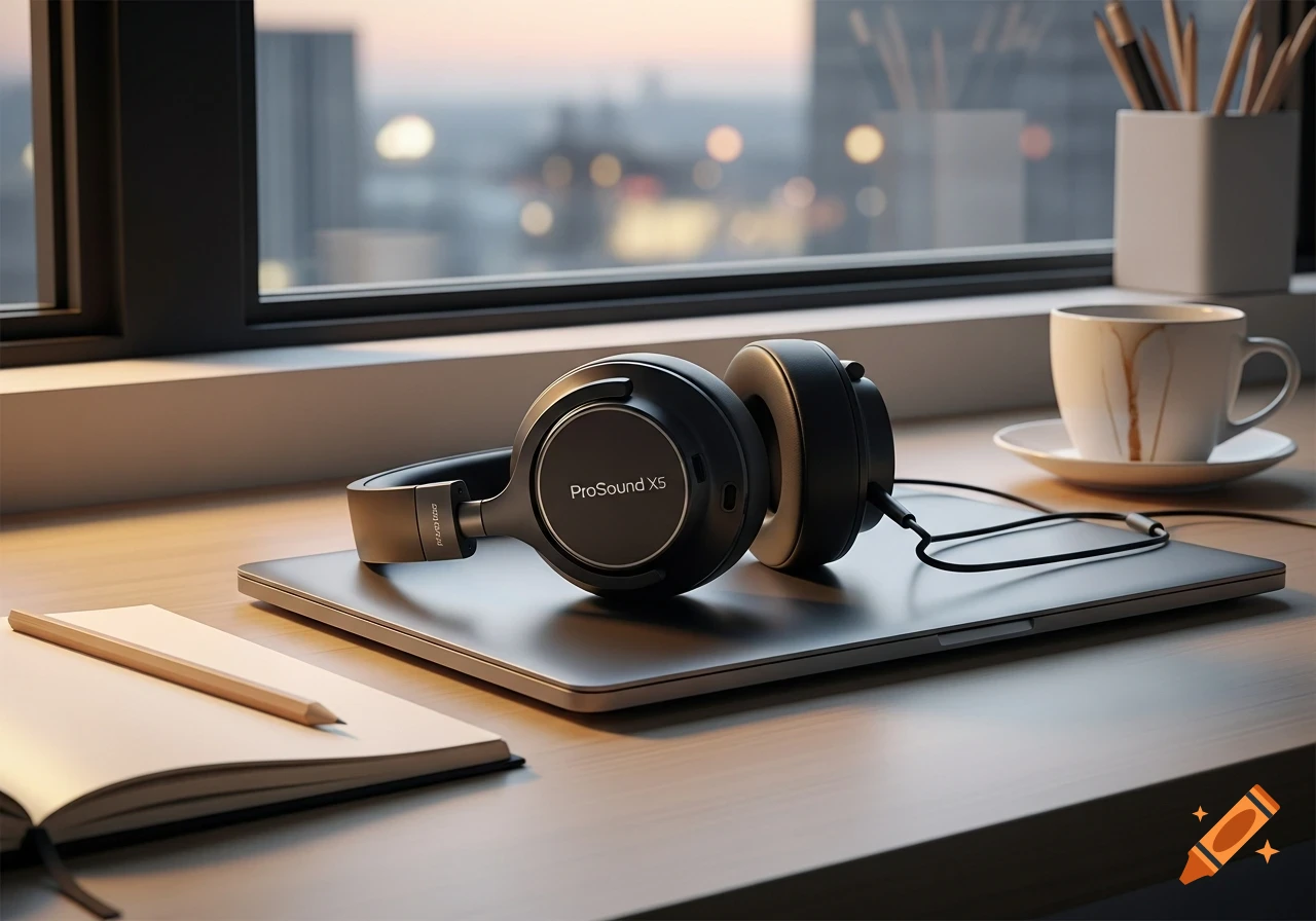 ProSound X5 headphones on a closed MacBook with a notebook, pencil, and coffee cup on a wooden desk by a window with blurred city lights at dusk.