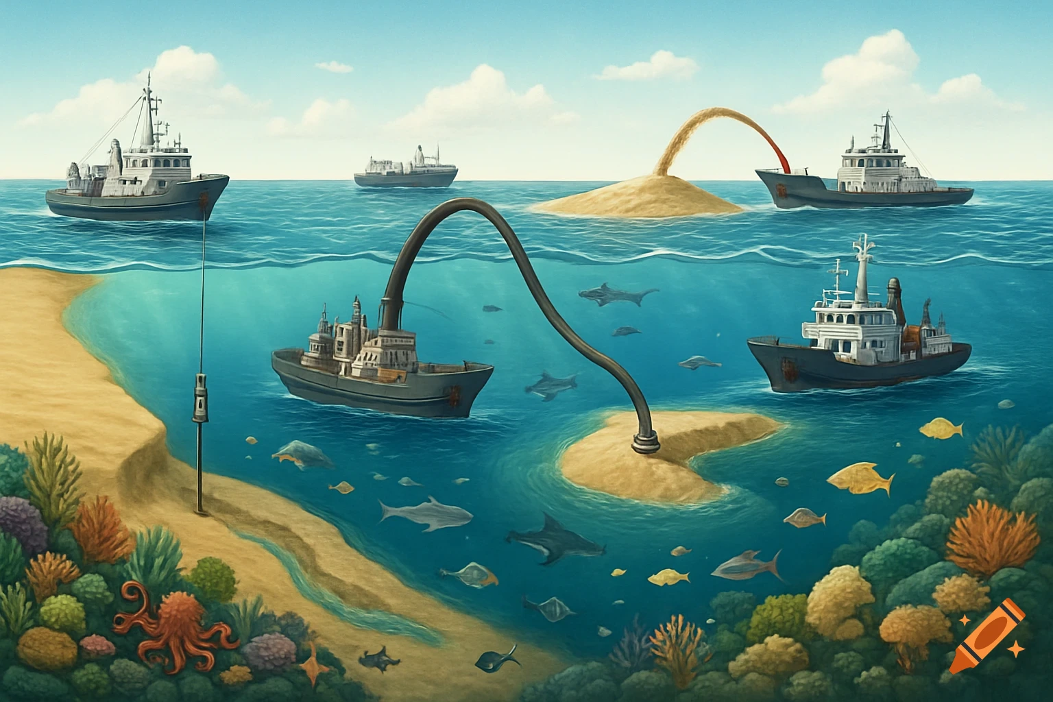 Illustration of a cross-section of the sea with ships dredging sand and creating an island, alongside marine life like fish and coral.