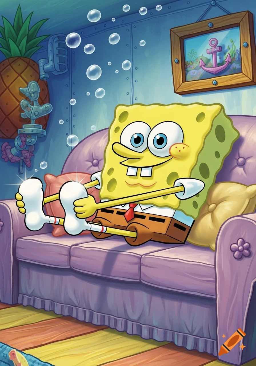 SpongeBob SquarePants sitting comfortably on a purple couch, showing off his white socks in an underwater living room.