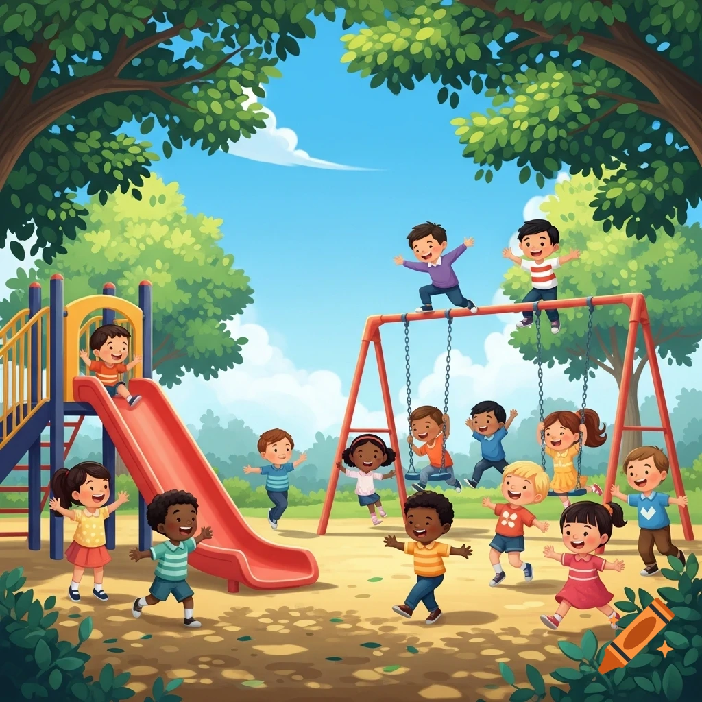 A diverse group of cheerful children playing on a colorful playground with slides and swings, illustrated in a vibrant cartoon style.