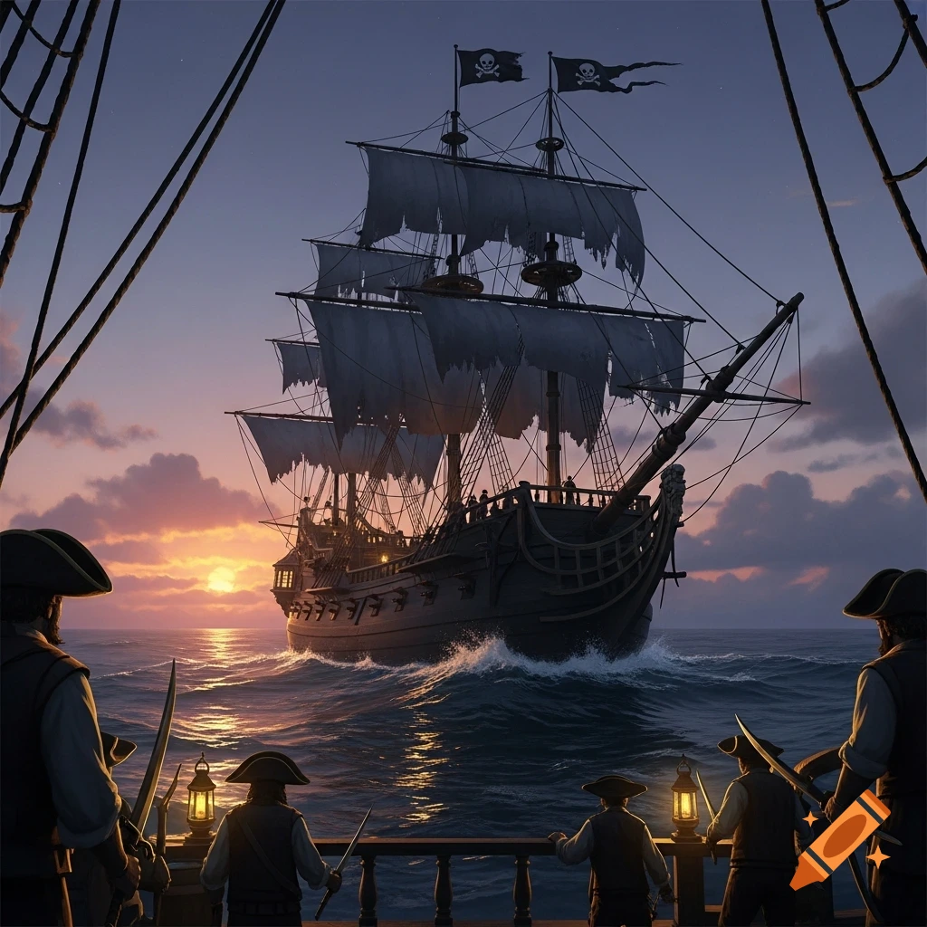 A dramatic scene of a large pirate ship sailing on a choppy ocean at sunset, viewed from another ship with pirates.