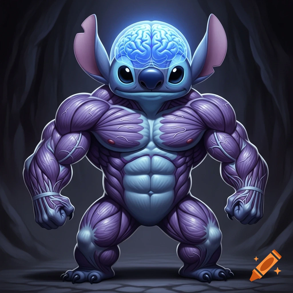 Stylized illustration of a hyper-muscular Stitch with an exposed glowing blue brain and purple muscles.