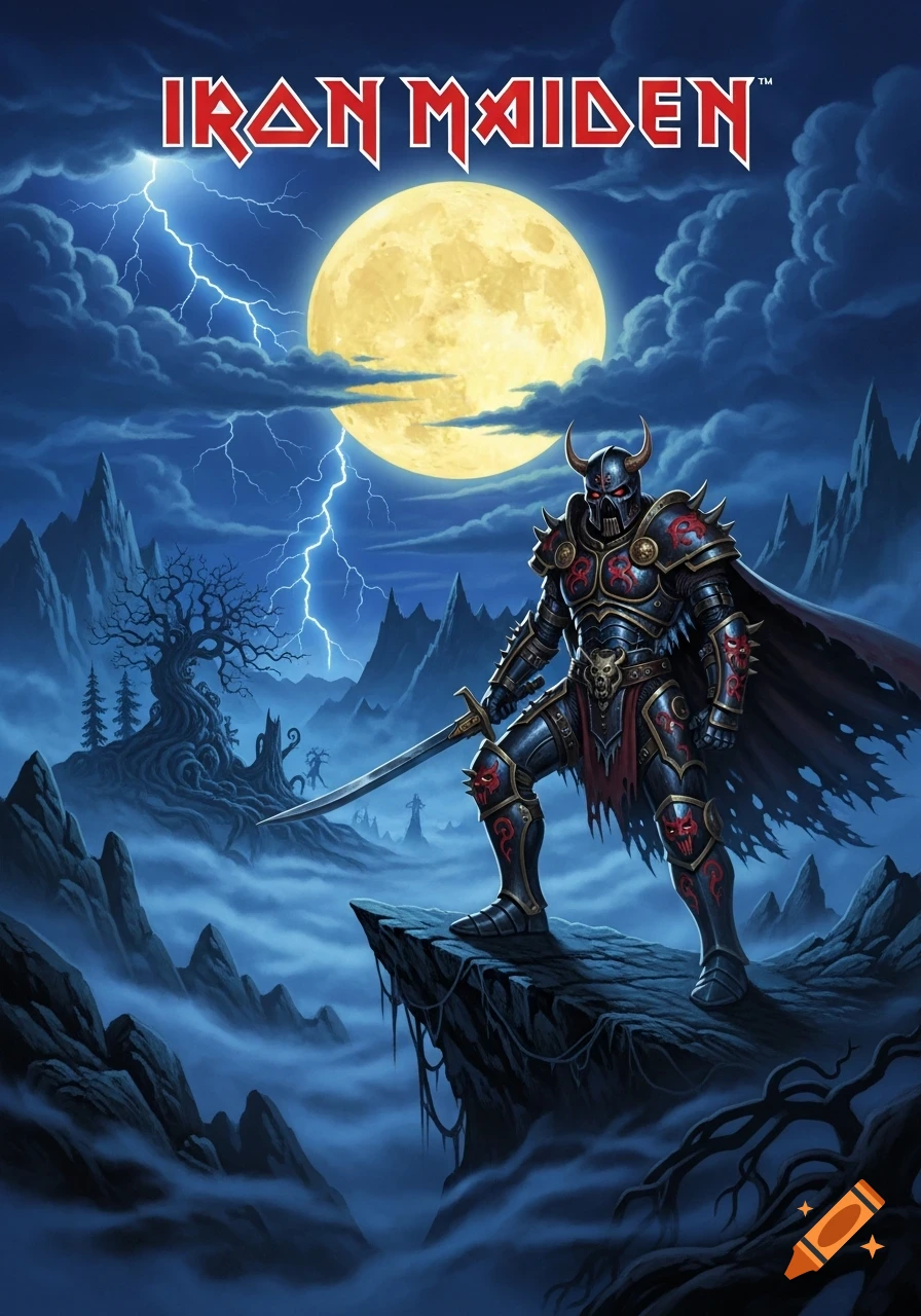 A heavily armored warrior stands on a cliff under a full yellow moon with lightning, in a dark fantasy album art style. The text "IRON MAIDEN" is at the top.
