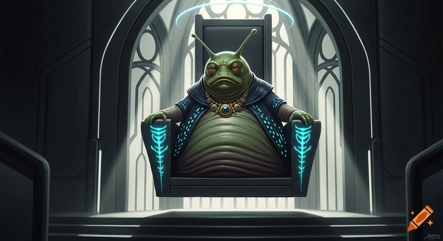 A large, green, slug-like alien with amber eyes and ornate jewelry sits on a glowing, hovering throne in a dark sci-fi room.