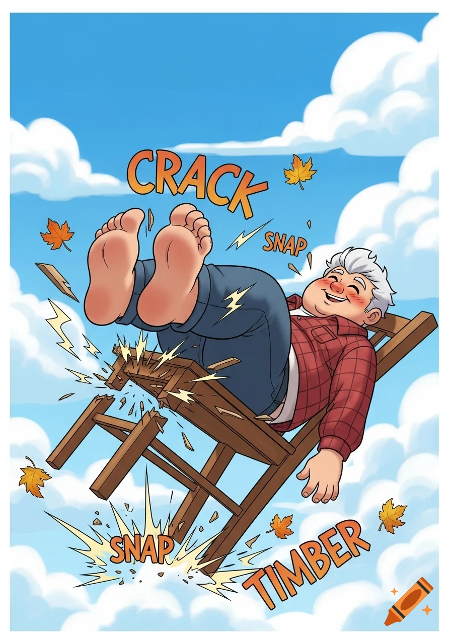 Cartoon of a smiling, plump man accidentally breaking a wooden chair with his feet, against a blue sky with autumn leaves.