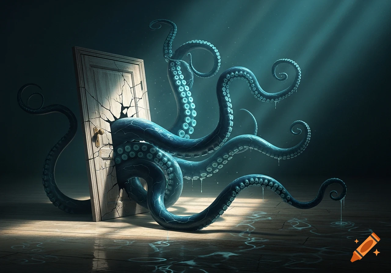 Giant blue octopus tentacles smash through a wooden door, reaching onto a wet floor bathed in teal light rays from above.