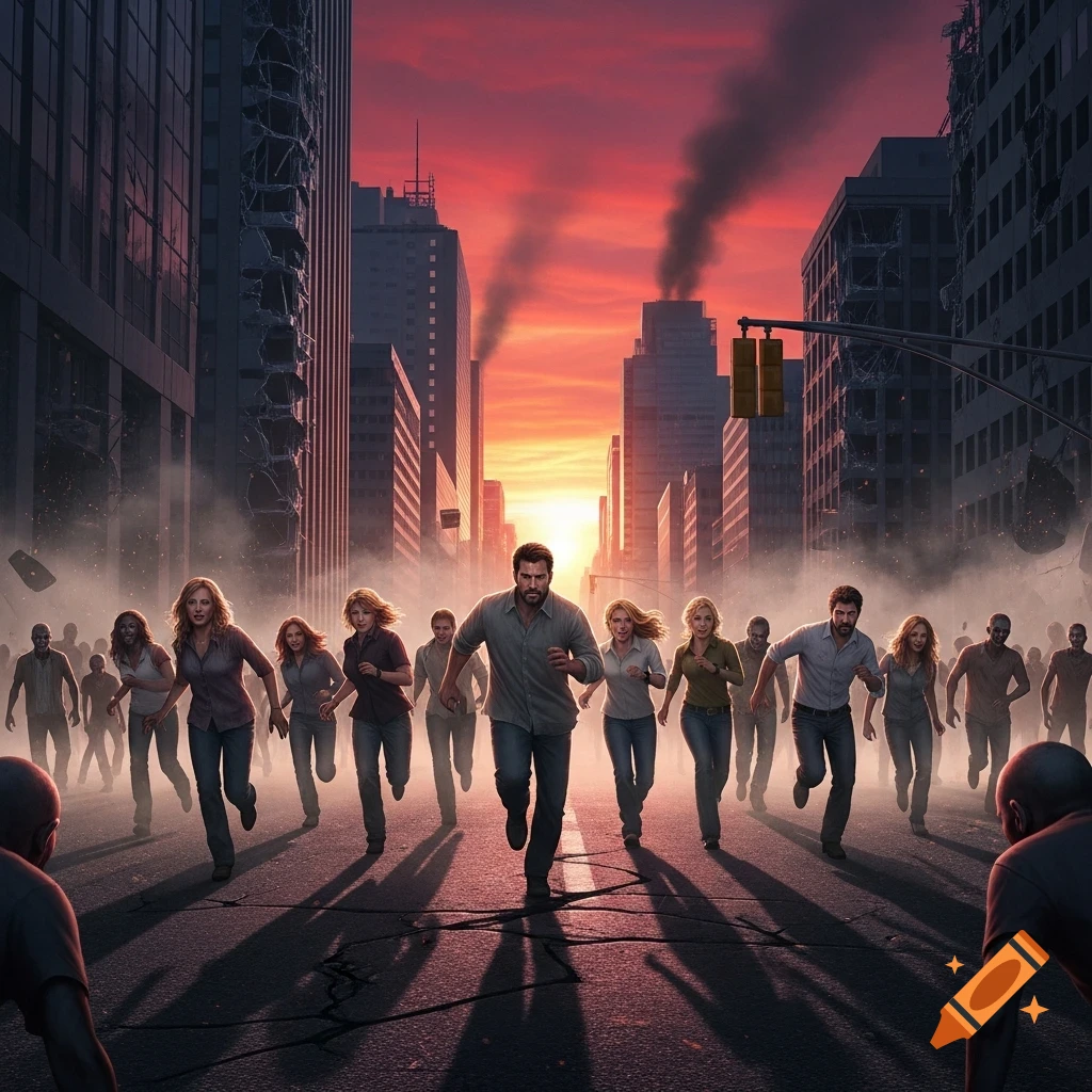A diverse group of people runs down a debris-strewn street in a burning, post-apocalyptic city under a fiery sky.