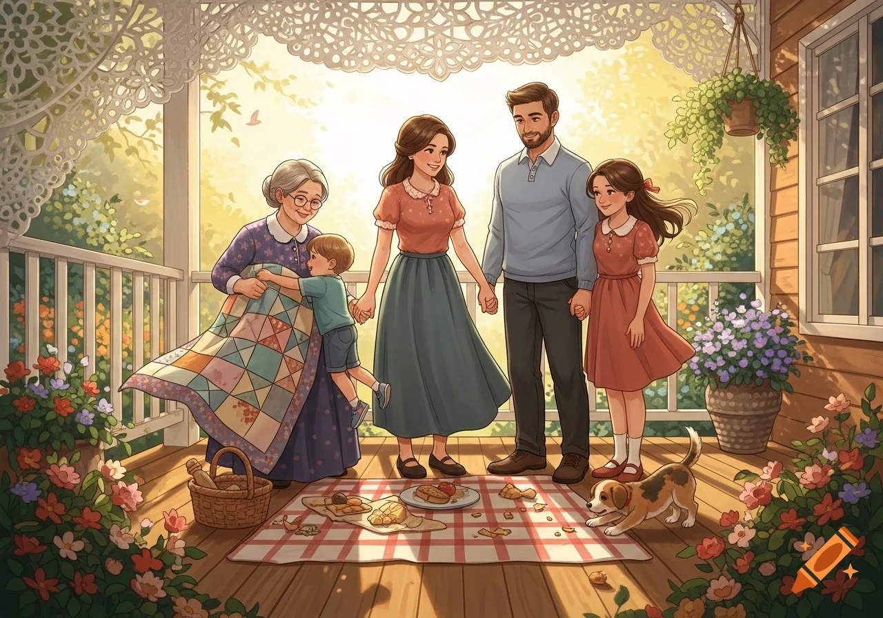 An illustrated multi-generational family, including parents, children, and a grandmother, having a picnic on a sunny porch with a dog.