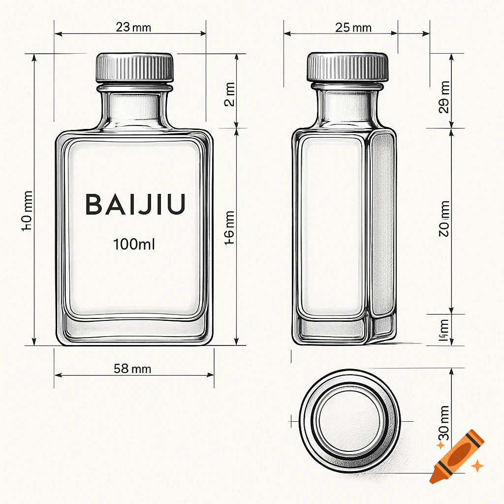 Technical drawing of a square Baijiu glass bottle, showing front, side, and top views with dimensions for a 100ml capacity.