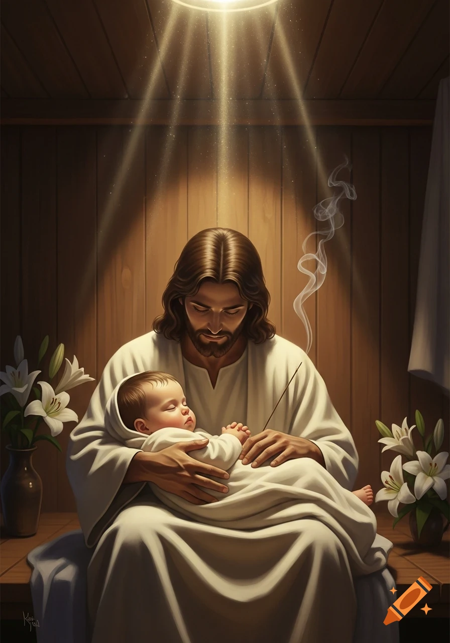Jesus, with long brown hair and a beard, gently cradles a sleeping baby, bathed in divine light.