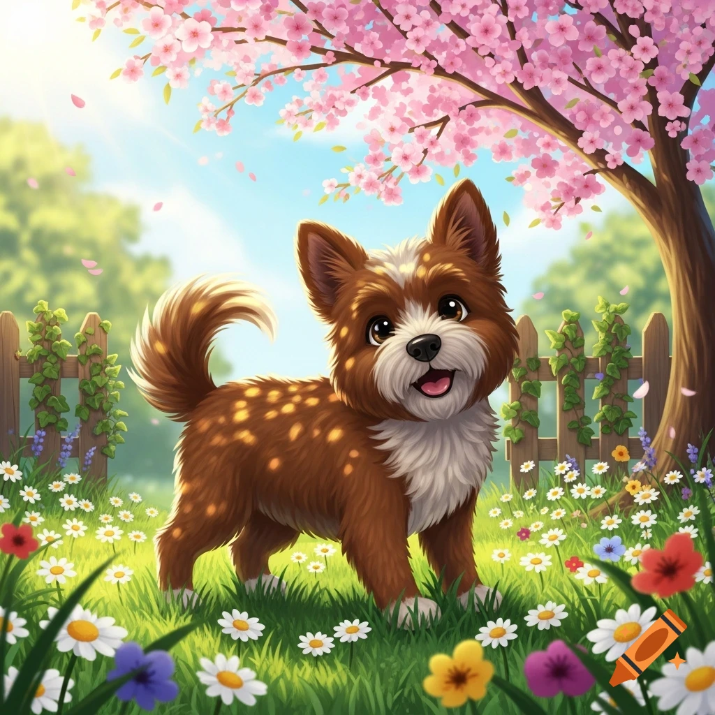 A cute, spotted brown and white cartoon dog smiles in a sunny spring field with daisies and colorful flowers under a pink cherry blossom tree.
