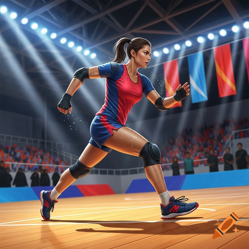Female athlete in a red and blue uniform, wearing knee and elbow pads, runs dynamically on a wooden court in a brightly lit indoor sports arena.
