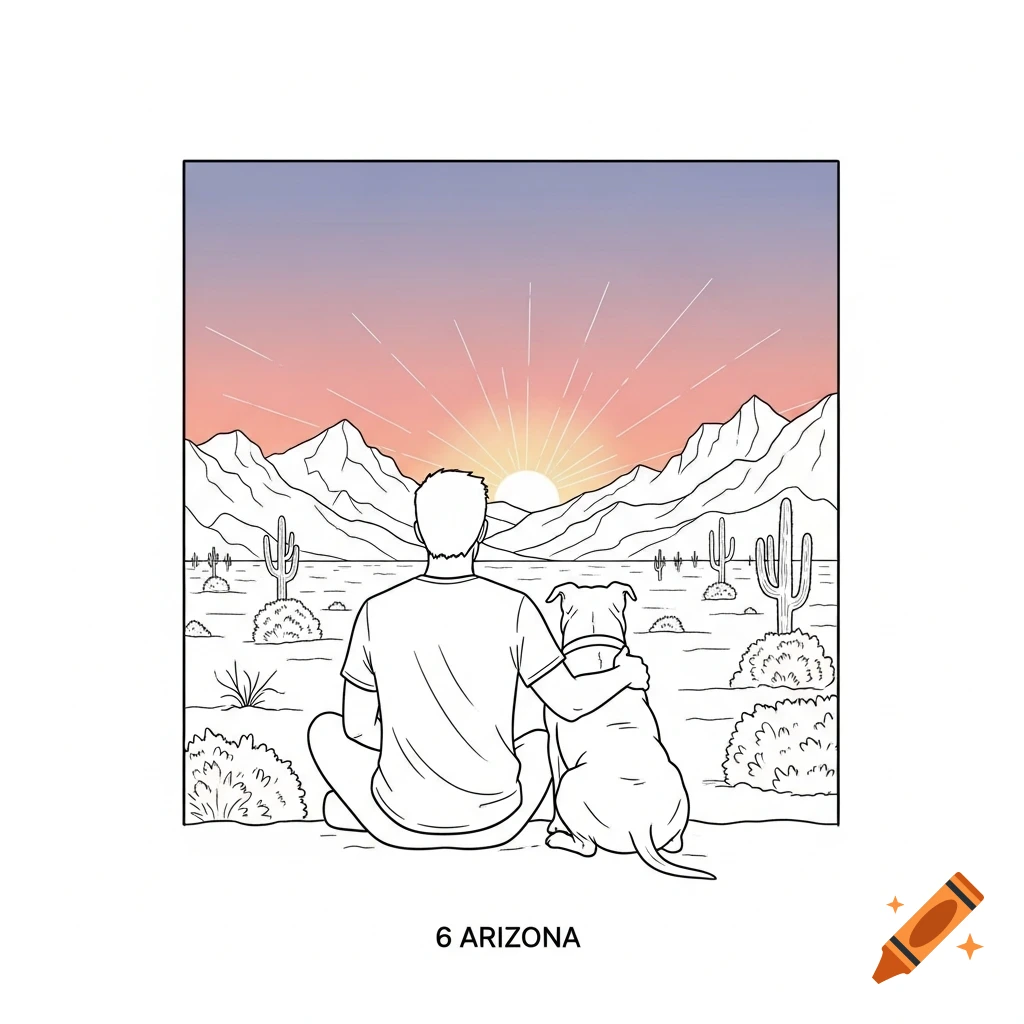 Black outline drawing of a man and his pitbull dog sitting, watching a colorful sunset over desert mountains and cacti.
