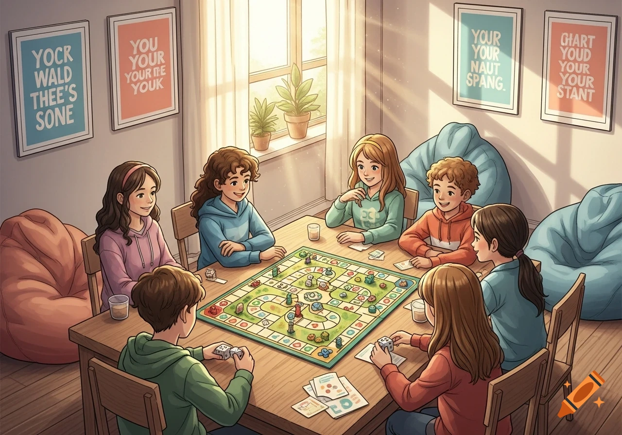 An illustration of six smiling children, about ten years old, playing a colorful board game together at a wooden table in a brightly lit room.