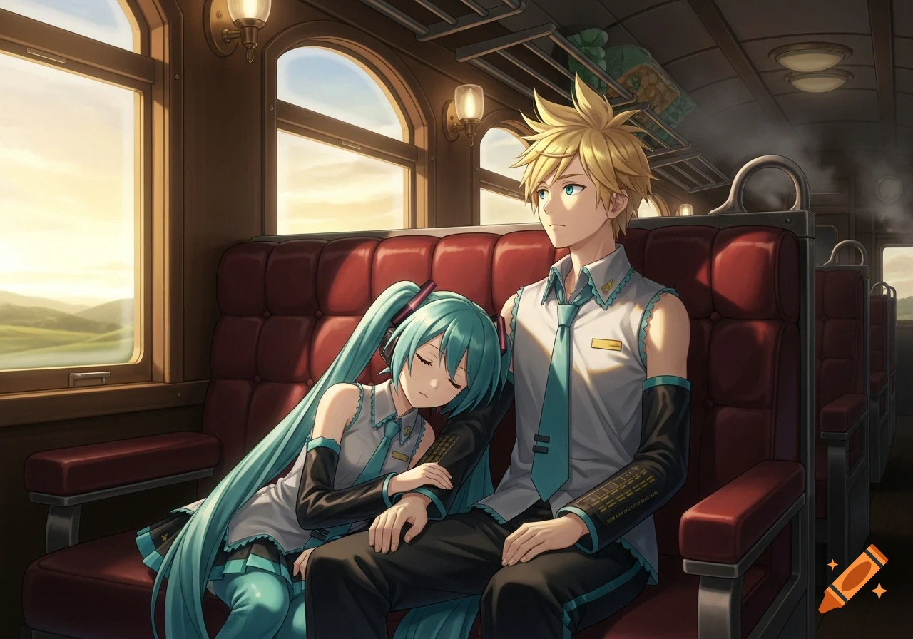 Hatsune Miku sleeps on Kagamine Len's shoulder in an anime style while riding a train with scenic views.