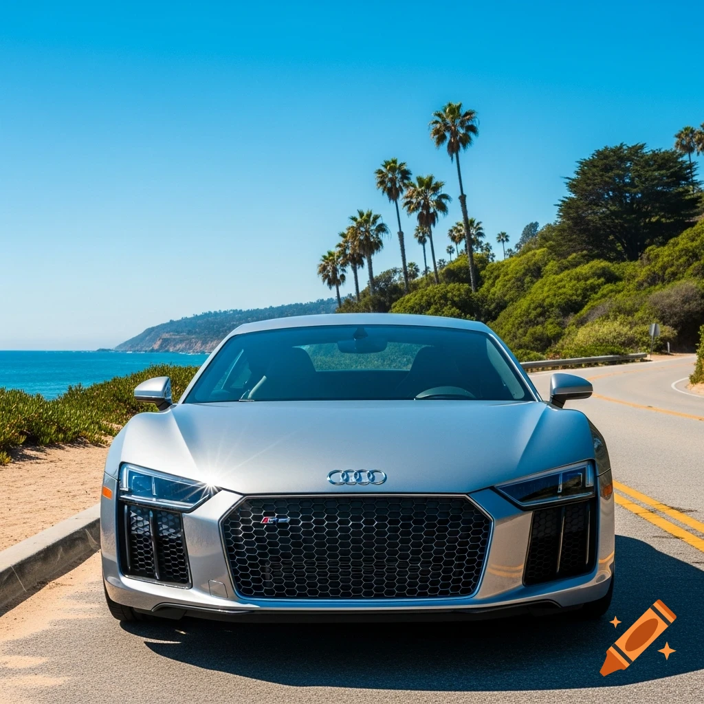 A silver Audi R8 car parked on a scenic coastal road overlooking the ocean with palm trees under a clear blue sky. Photorealistic.