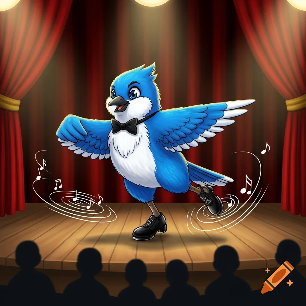 A vibrant 2D anthropomorphic cartoon bluebird in a bow tie and tap shoes tap dances on a spotlighted stage with red curtains.