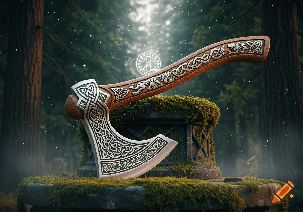 An ornate, silver and wood Nordic axe rests on a mossy stone pedestal in a magical, sun-dappled forest.