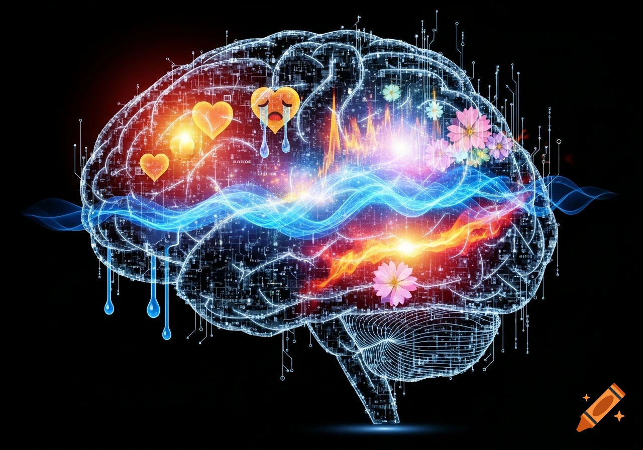 A glowing, abstract brain outline made of circuit-like lines and code, with bright blue and orange energy waves, crying heart emojis, and delicate flowers representing emotions.
