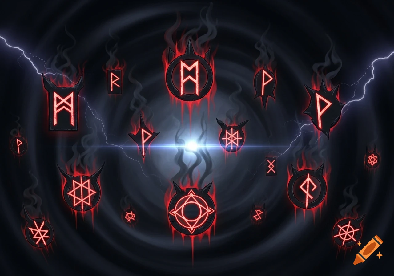 Dark fantasy image featuring various glowing red symbols engulfed in flames and smoke, against a stormy background with lightning.